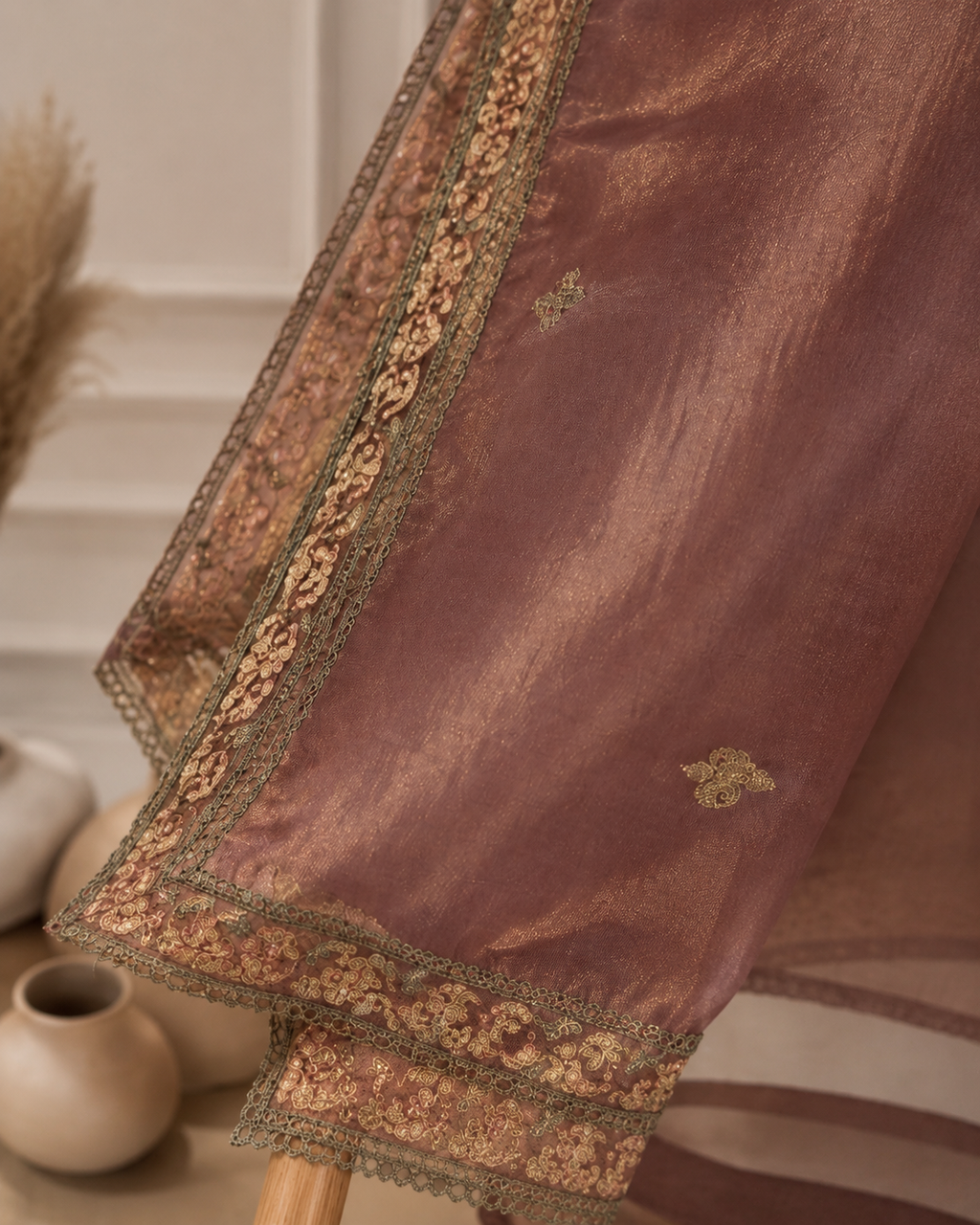 Mocha Mauve Suit with  pure Tissue Silk dupatta